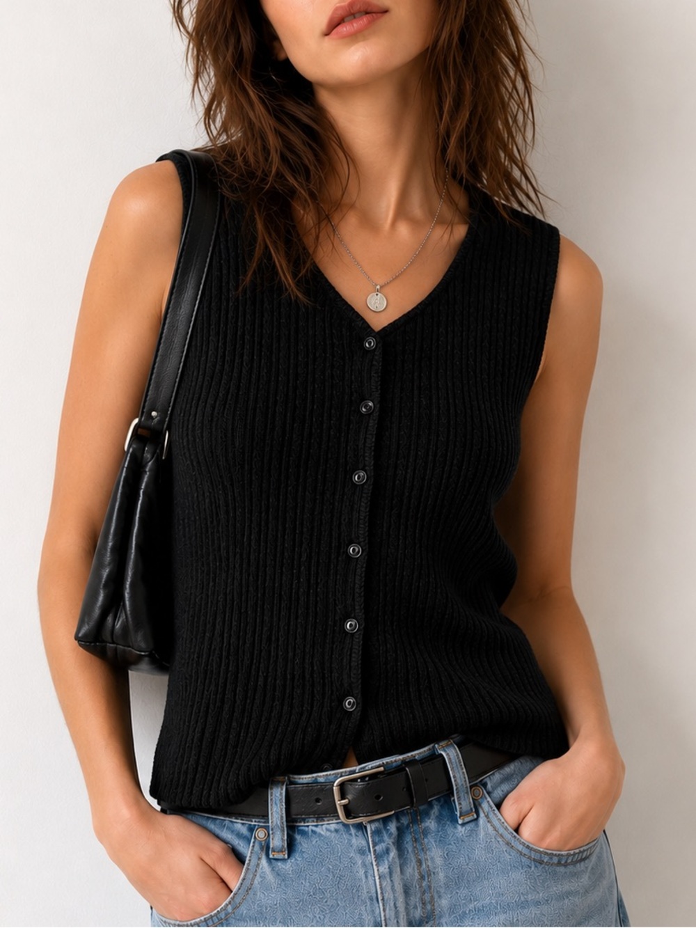Vintage 100% Cotton Bentley Womens Button Up V-Neck 90s Y2K Black Knit Vest USA